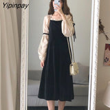 Yipinpay Style Dress Women Autumn and Winter Puff Sleeves New Square Collar Black Dress Female 2023