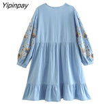 Yipinpay Fashin Women Embroidery Mini Dresses 2023 Summer Elegant V-neck Loose Solid Dress Causal A-line Long Sleeve Vestidos
