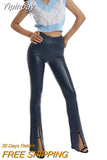 Yipinpay Sexy Women PU Leahter Flare Pants Autumn Fashion Solid Color High Waist Slim Split Hem Bell-Bottoms Trousers Streetwear