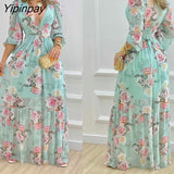 Yipinpay Women Elegant Deep V Neck Floral Print Ruffles Maxi A-Line Sexy Long Lantern Sleeves Dress