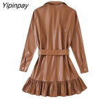 Yipinpay Elegant Women Faux Leather Mini Dresses With Belt Solid Turn Down Collar Dresses Fashion Vintage Long Sleeve Vestidos