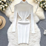 Yipinpay Full Sleeve Slim Knitted Pencil Dress Female Casual Pullover Turtleneck Sweater Bodycon Dress Ladies Autumn Winter