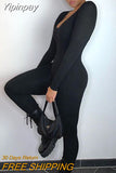 Yipinpay Fall Winter Long Sleeve Jumpsuit Women V Neck Bodycon Rompers Womens Jumpsuit Black Casual Fitness Streetwear Overalls