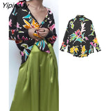 Yipinpay Fashion Women Floral Print Blouses 2023 Casual Turn Down Collar Loose Tops Vintage Single Breasted Long Sleeve T-Shirts