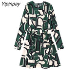 Yipinpay New Spring Summer Women Print Dresses 2023 With Belt Fashion Elegant O-neck Dresses Long Sleeve Mini Street Vestidos