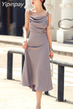 Yipinpay Elegant Sling Satin Dresses For Women Summer Sleeveless Folds Purple Long Dress Vestidos