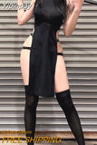 Yipinpay High Waist Y2k Slim Women Dress Dark Goth Cosplay High Split Side Sexy Sleeveless Dresses Harajuku Summer Night Clubwear
