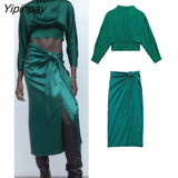 Yipinpay Women Elegant Shirt Sets 2023 Summer Fashion Long Sleeved Blouse+Elastic Bow Mid-Calf Skirts Casual Street Outwear