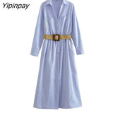 Yipinpay Elegant Women Striped Mid-Calf Dresses With Belt 2023 Spring Summer Turn Down Collar Dresses A-line Long Sleeve Vestidos