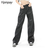 Yipinpay 2023 Spring Casual Straight Wide Leg Pants High Waisted Pu Leather Pants Ladies Solid Trousers
