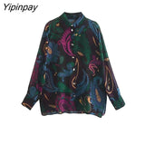 Yipinpay 2023 Women Loose Print Blouses Spring Autumn Casual Turn Down Collar Long Sleeved Top Fashion Single Breasted Shirts