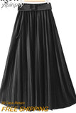 yipinpay Autumn Winter Skirt Women With Belt Long Metallic Silver Maxi Pleated Skirt Midi High Waist Fashion Vintage Saia Party