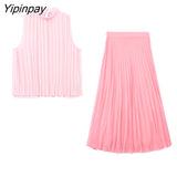 Yipinpay Women Chiffon Pleated Skirts Sets 2023 Summer Thin Female Elegant Sleeveless Shirts Mid-Calf A-Line Skirts