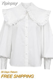 Yipinpay Big Peter Pan Collar Ruffle Womens Blouse Long Sleeve White Cotton Casual Tops Female Spring Summer Frill Shirt 2023