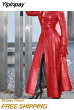 Yipinpay new style Super Long Pu Solid Color Slim Zipper Collar Leather Jacket Women's Fashion Stand Collar Leather