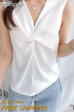 yipinpay Women Vest Blouses Cross V-neck Sleeveless Sexy Office Ladies OL Blusas White Casual Korean Elegant Tops Black Pink