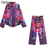 Yipinpay 2023 Summer Women 2PCS Print Blouses+Skirts Set New Turn Down Collar Long Sleeve Tops High Waist Dress Girl Outfits