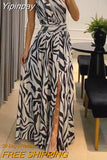 Yipinpay Women Zebra Stripe Print Dress Chic One-Shoulder Diagonal Collar Maxi Frock Lady Chic Sleeveless Slit A-Line Vestido