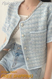 Yipinpay Button O Neck Tweed Short Sleeve Cardigan White Coat Summer Plaid Shirt Women Korean Style Cropped Jacket Tops Slim