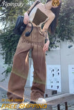 Yipinpay Vintage Jeans High Waisted Brown Y2k Fashion Printing Raw Edge Trouser For Womens Summer Korean Style Denim Long Pant