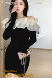 Yipinpay Temperament Sexy Mesh Ruffled Hip Long Sleeve Slash Off The Shoulder Black Dress Bodycon Slim Robe Femme Party Vintage