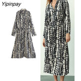 Yipinpay FashionSummer Women Printed Long Dresses 2023 New Elegant Single Breasted Dresses A-line Long Sleeve Mid-Calf Vestidos