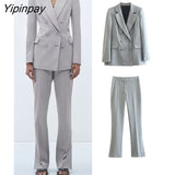 Yipinpay 2023 Spring Autumn Ladies Gray Blazer Suit Office Outfits Solid Double Breasted Jacket+Zipper Split Basic Long Pant Outwear