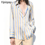 Yipinpay Fashion Ladies Striped Blouses Shirt 2023 Summer Causal Turn-Down Collar Tops Vintage Single Breasted Loose T-Shirts