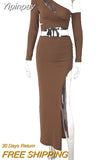 Yipinpay Sexy Off-the-shoulder Navel Two Piece Set Summer Women Slit Skirt+long-sleeved Ensembles De Jupes Slim Conjuntos De Falda