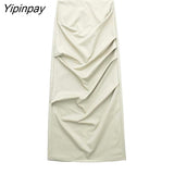 Yipinpay 2023 Fashion Women Solid Folds Skirts Sets Spring Summer Causal Strapless Tops Back Slip Zipper Mid-Calf Skirts Suits