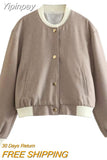 Yipinpay TRAF Fashion Bomber Jackets for Women 2023 Chic Single-breasted Coat Female O-Neck Long Sleeve Coats Ladies New Outerwear