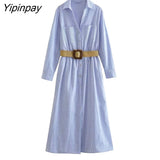 Yipinpay Elegant Women Striped Mid-Calf Dresses With Belt 2023 Spring Summer Turn Down Collar Dresses A-line Long Sleeve Vestidos