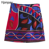 Yipinpay 2023 Summer Women 2PCS Print Blouses+Skirts Set New Turn Down Collar Long Sleeve Tops High Waist Dress Girl Outfits