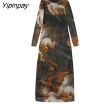 Yipinpay 2023 Women Tulle Printed Sheath Dresses Elegant O-Neck Folds Sexy Party Vestidos Fashion Long Sleeve Mid-Calf Dresses