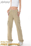 yipinpay Women Bottoms Khaki Vintage Cargo Jeans Fashion Pocket High Waist Wide Leg Pants Casual Street Baggy Denim Trouser Ladies Summer