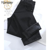 Yipinpay Winter Warm High Waist High Elastic Thickened Mini Flare Jeans Woman Lengthened Plus Velvet