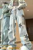 Yipinpay Denim Jeans Women High Waist Star Pattern Print Patchwork Long Trousers Y2k Fashion Streetwear Baggy Pants Women