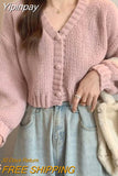 Yipinpay Knitted Short Jacket Women Sweaters Cardigan Solid V Neck Lantern Sleeve Button Fashion Soft Autum Cropped Coatn