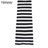Yipinpay Women Striped Knitted Tops+Mid-Calf Sheath Skirts Sets 2023 Spring Autumn 2 Pcs Elegant Long Sleeve Casual O-neck Sweater
