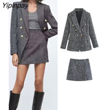 Yipinpay 2023 Women Office Lady Blazer Skirts Sets Autumn Winter Elegant Female Double Breasted Jackets Mini Skirt Long Sleeve Tops