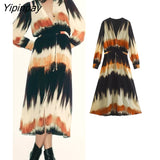 Yipinpay Elegant 2023 Women Tie Dye Dresses WIth Belt Spring Autumn Fashion A-line V-Neck Party Dress Long Sleeve Vestidos