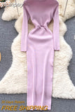 yipinpay Slit Maxi Dress O Neck Knitted Dress Y2k 2023 Autumn Winter Long Sleeve Sweater Dress Hollow Out Bodycon Dresses for Women
