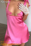 Yipinpay MO Satin Backless V Neck Chest Wrapping Mini Dress Women Sexy Slim Party Spaghetti Strap Dresses Fashion Lady Vestidos