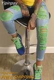 Yipinpay New Fashion Women's Pants Elegant Trouser Casual Colorblock Ripped Cutout Casual Jeans Female Outfits