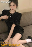 Yipinpay Spring Vestido Feminino Mini French Black Short Sleeved Velvet Sequin Dress Women Party Sexy Bodycon High Slim New