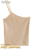 Yipinpay Asymmetrical Knit Top Female Beaded Beige Crop Top Women Off Shoulder Sexy Tops Woman Summer Backless Streetwear Y2k Tops