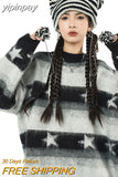 yipinpay Women Black Stripe Sweater Round Neck Color Contrast Stars American Fashion Streetwear Winter Long Sleeves Knitting Pullover
