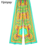 Yipinpay 2pcs Women Printed Pant Shirt Sets 2023 Summer Fashion Turn Down Collar Bow Blouse+Elastic Waist Wide Leg Pants Outwear