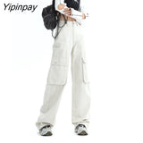 Yipinpay Multi Bag Casual Wide Leg Cargo Pants Loose Red Jeans Woman