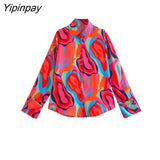Yipinpay New Summer Elegant 2 Piece Printed Skirt Set Vintage Soft Turn Down Collar Long Sleeve Female Casual Skirt Lady Suit